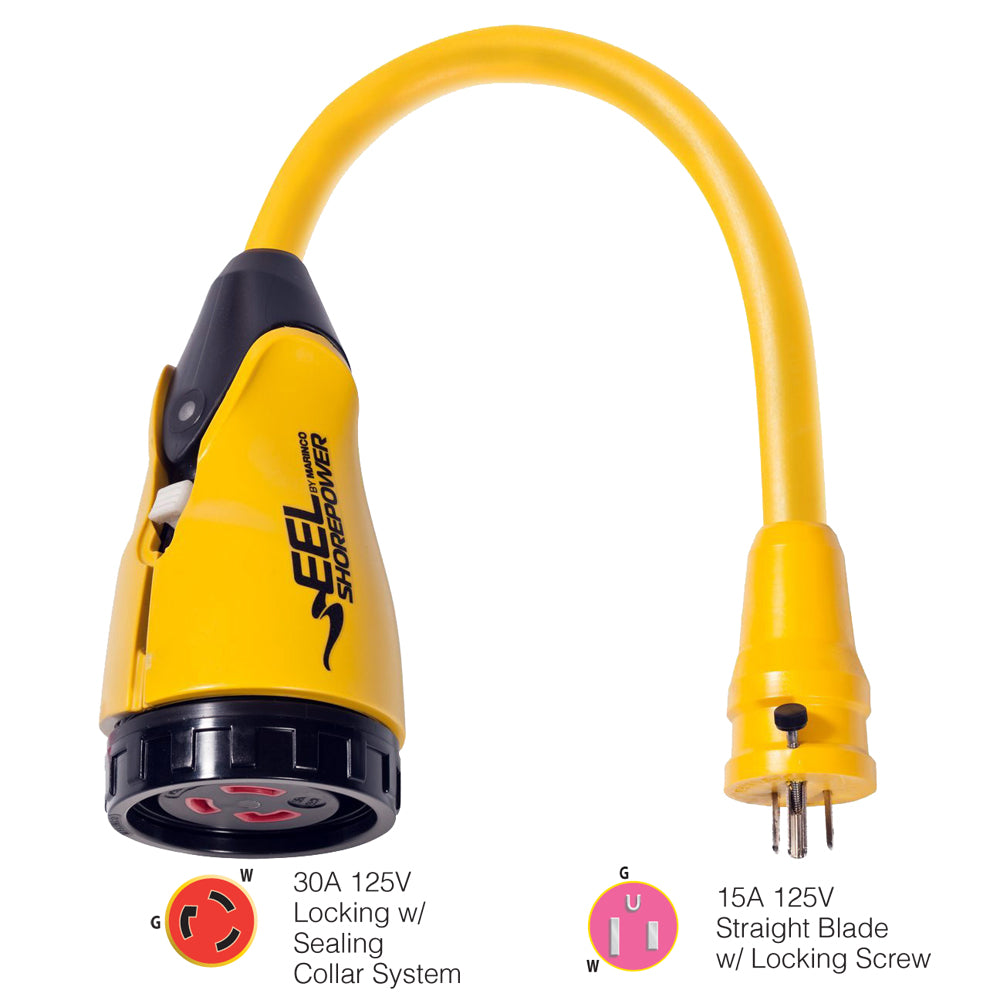 Marinco P1530 EEL 30A125V Female to 15A125V Male Pigtail Adapter Yellow P1530